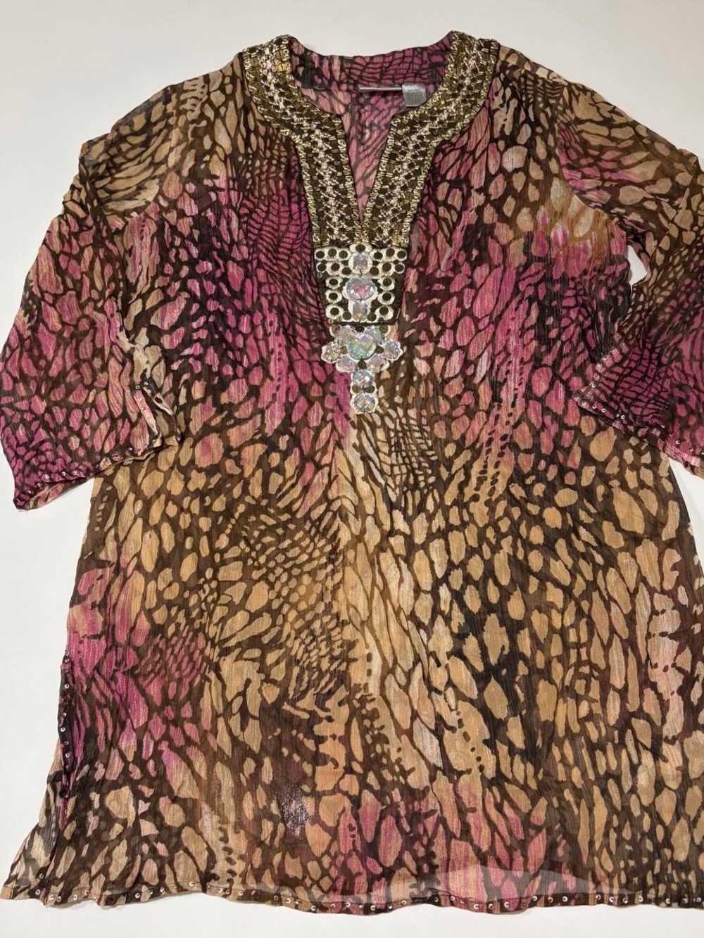 Chico's Embellished Sheer Animal-Print Tunic in Brown and Pink - Picture 6 of 8